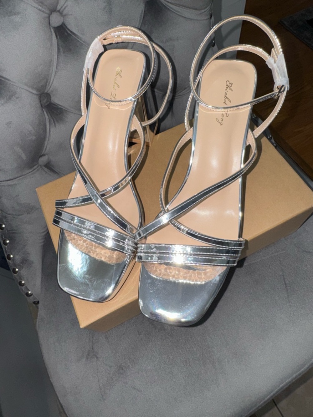 Metallic Silver Strappy Square-Toe Block Heel Sandals - Women